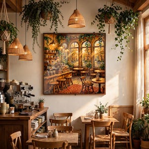 May include: A square wall art print depicting a cozy cafe interior with arched windows, wooden furniture, and a coffee bar. The scene features warm golden sunlight streaming through the windows, illuminating tables, chairs, and hanging plants.