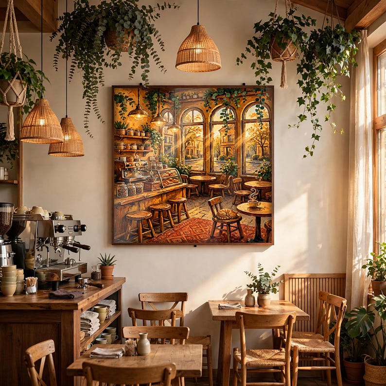 May include: A square wall art print depicting a cozy cafe interior with arched windows, wooden furniture, and a coffee bar. The scene features warm golden sunlight streaming through the windows, illuminating tables, chairs, and hanging plants.