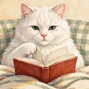 Close-up detail of the white cat reading in bed art print showing the fluffy fur, green eyes and book pages