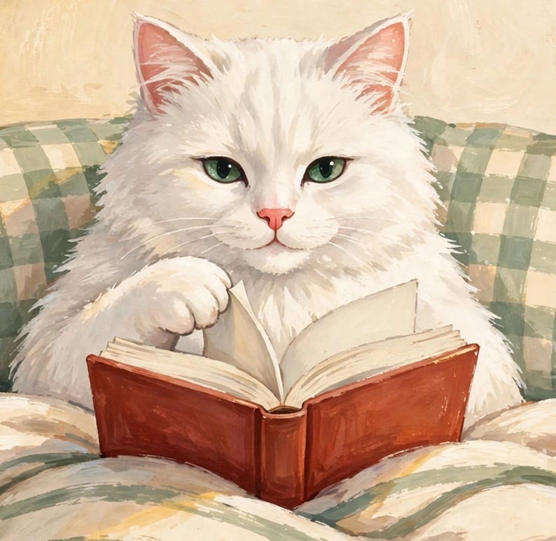 Close-up detail of the white cat reading in bed art print showing the fluffy fur, green eyes and book pages