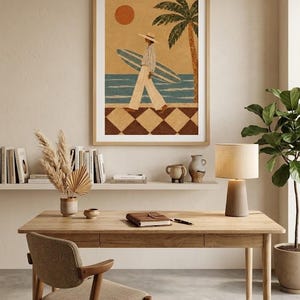Kustväggkonst Vintage Surftryck, Retro Surfertjej med Palm, Strandhusdekoration bild 3