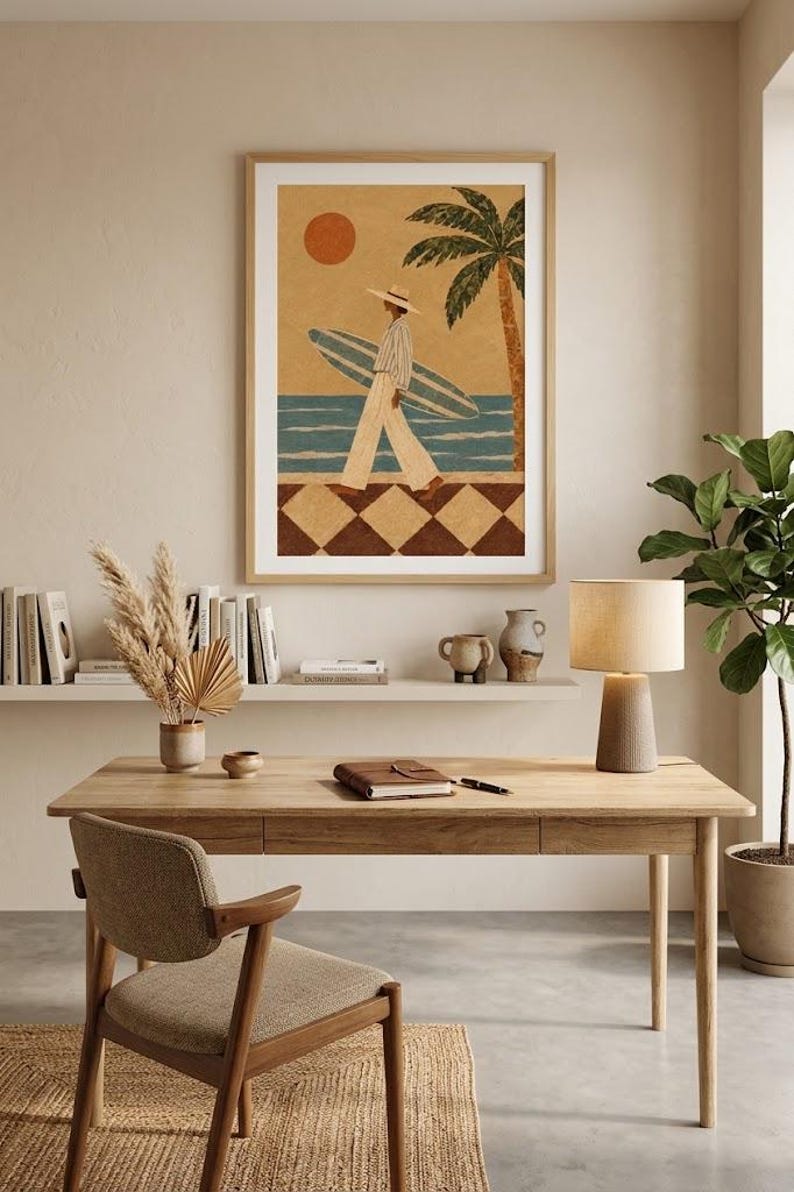 Kustväggkonst Vintage Surftryck, Retro Surfertjej med Palm, Strandhusdekoration bild 3