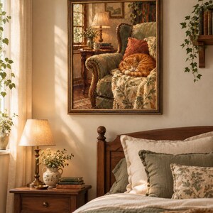 May include: A framed wall art print depicting a cozy interior scene with a ginger cat curled up on a green patterned armchair. The artwork features a side table with a lamp, books, and a window, all rendered in warm, soft tones within a dark frame.