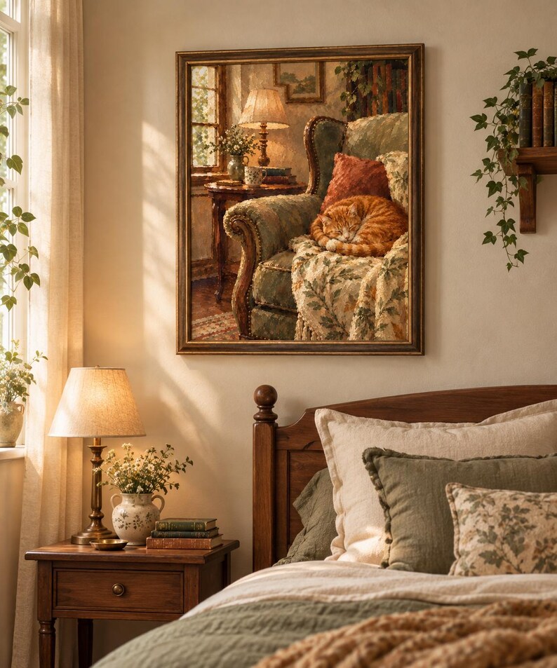 May include: A framed wall art print depicting a cozy interior scene with a ginger cat curled up on a green patterned armchair. The artwork features a side table with a lamp, books, and a window, all rendered in warm, soft tones within a dark frame.
