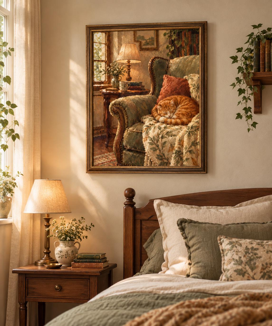 Cat Wall Art Print, Vintage Orange Tabby Sleeping Cat, Cottagecore Decor for Living Room and Bedroom, Printable Download photo 2