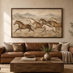 May include: A large rectangular wall art piece featuring a herd of horses in various shades of brown, white, and gray galloping across a landscape with muted mountains in the background, all enclosed within a thin, dark brown wooden frame.