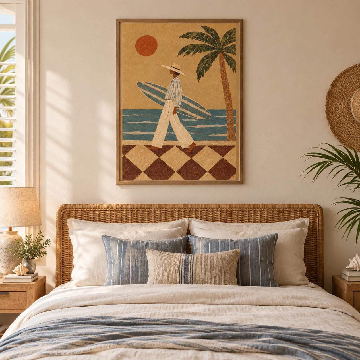 Coastal Wall Art Vintage Surf Print, Retro Surfer Girl with Palm Tree, Beach House Decor photo 2