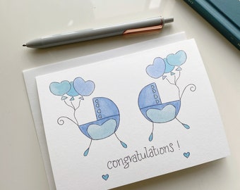 Twin Boys Card, Baby Twins Congratulations Greeting Card, Double Trouble