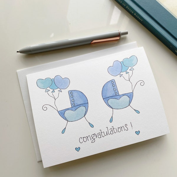 Twin Boys Card, Baby Twins Congratulations Greeting Card, Double Trouble