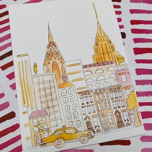 New York Street, Blank Greeting Card NYC, Brownstones, Taxi, Empire State, Chrysler Building, Fire Escapes, Water Towers image 1