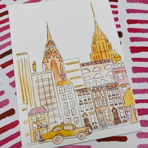 Calle de Nueva York, Tarjeta de felicitación en blanco - Nueva York, Casas de piedra rojiza, Taxi, Empire State, Edificio Chrysler, Escaleras de incendios, Torres de agua