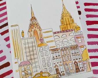 May include: A watercolor painting of a city skyline with a yellow taxi cab in the foreground. The buildings are drawn in a simple style with brown, yellow, and pink hues. The sky is a light blue color.
