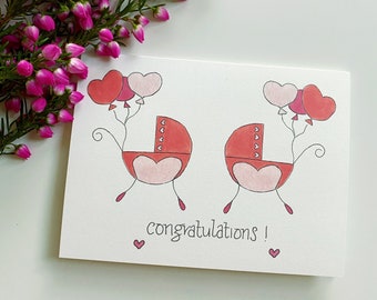 Twin Girls Card, Baby Twins Congratulations Greeting Card, Double Trouble