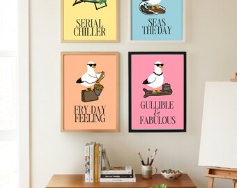 4 Funny Seagull Prints | Retro Pop Dopamine Wall Art (Digital Download)