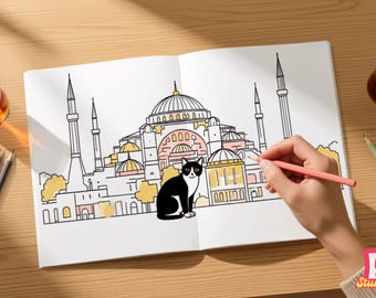 10 pages Istanbul Cat Coloring Book: Hand-Illustrated Landmarks (Digital Download)