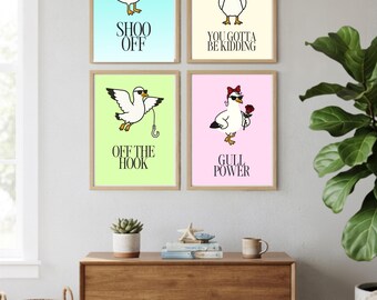 4 Funny Seagull Prints | Dopamine Wall Art (Digital Download)