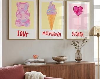 Candy Art Print Set, Pastel Gummy Bear, Ice Cream, Heart Sucker Trio (Digital Download)