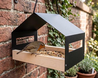 Moderne hangende vogelvoederhuisje, metalen voederstation voor wilde vogels, weerbestendige vogelzaadbak voor buiten, geschikt voor tuin, terras en achtertuin.
