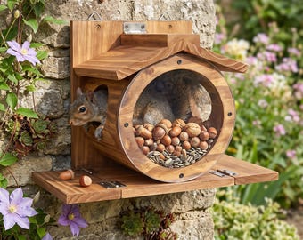 Mangiatoia per scoiattoli in legno con frontale trasparente, stazione di alimentazione per scoiattoli da esterno a parete, casetta per la fauna selvatica da giardino, idea regalo