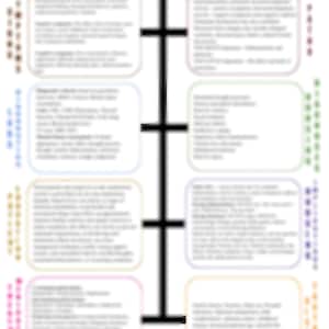 May include: A vertical infographic titled Schizophrenia featuring a central black line connecting four rows of rounded rectangular boxes. Each box contains text organized by categories including symptoms, causes, treatments, and outcomes in various colors.