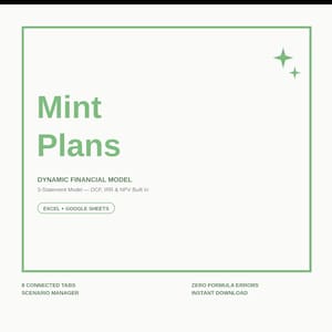 May include: A digital document titled Mint Plans, featuring a dynamic financial model with a 3-statement model, DCF, IRR, and NPV. It includes Excel and Google Sheets compatibility, 8 connected tabs, a scenario manager, and zero formula errors.