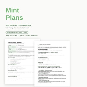 以下が含まれることがあります： Mint Plansというタイトルのデジタル職務記述書テンプレート。職務概要、主な責任、資格のセクションが含まれています。このドキュメントには、Microsoft WordおよびGoogle Docs用のテキストと、短い求人広告の例が記載されています。