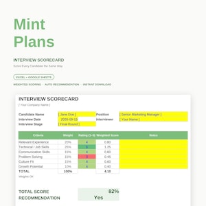 May include: A digital interview scorecard template titled Mint Plans, featuring fields for candidate name, position, date, and interviewer. The document includes a weighted scoring table with criteria, ratings, and a total score recommendation of 82%.
