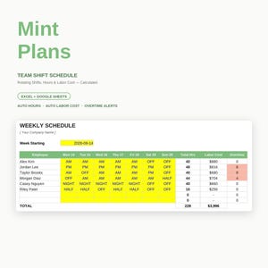 May include: A digital team shift schedule template titled Mint Plans, featuring a weekly schedule table with columns for employee names, daily shifts, total hours, labor costs, and overtime. The document includes fields for company name and date.