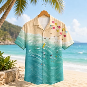 May include: A short-sleeve button-down shirt featuring a beach scene print. The design transitions from a sandy beige top to a turquoise ocean gradient at the bottom, decorated with small illustrations of colorful umbrellas, surfboards, and boats.