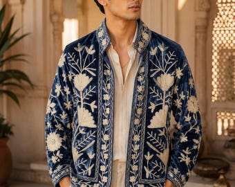 Kungsblå sammetsbroderad jacka, blommig Nehru kort sherwani, indo-västerländsk kavaj