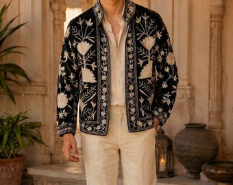 Svart blommig broderad herrjacka | Indisk bröllops-, bohemisk festivaloutfit