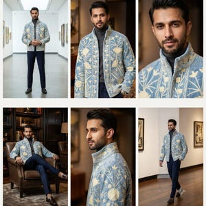 May include: A light blue jacket featuring intricate cream-colored Kashmiri embroidery, a high collar, and a front zipper closure. The garment is worn over a dark grey turtleneck sweater and paired with dark navy blue trousers and brown shoes.