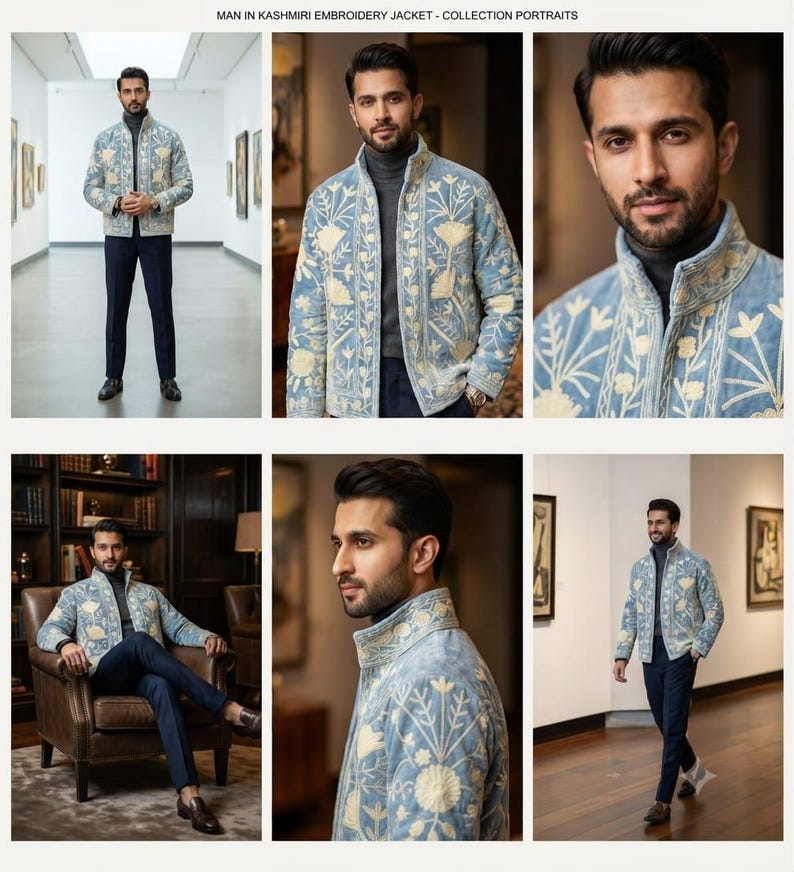 May include: A light blue jacket featuring intricate cream-colored Kashmiri embroidery, a high collar, and a front zipper closure. The garment is worn over a dark grey turtleneck sweater and paired with dark navy blue trousers and brown shoes.