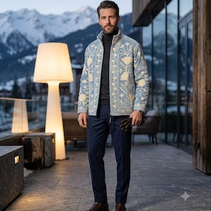 May include: A light blue zip-up jacket featuring cream-colored floral embroidery, worn over a dark gray turtleneck sweater with dark blue trousers and brown leather boots. The jacket has a high collar and long sleeves with detailed stitching.