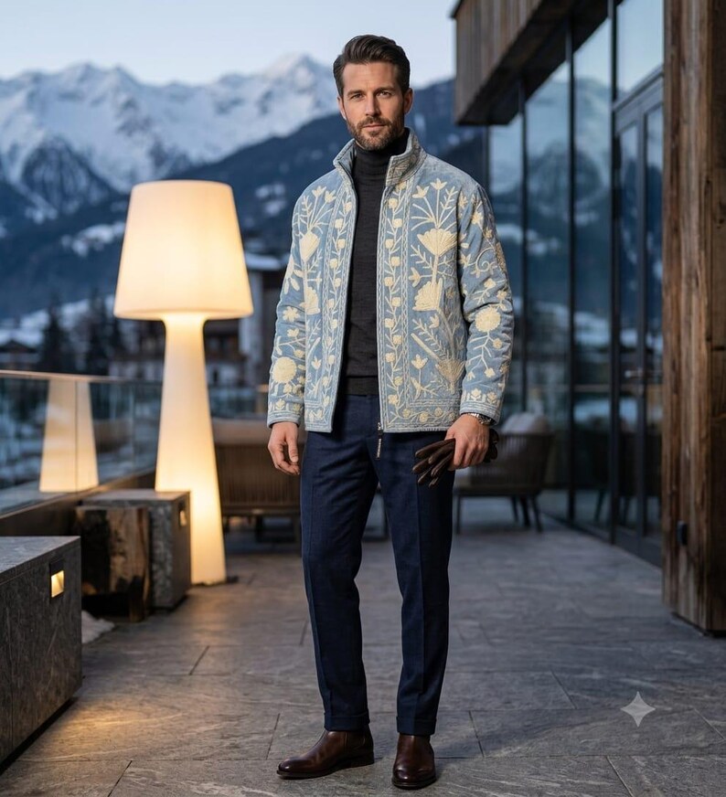 May include: A light blue zip-up jacket featuring cream-colored floral embroidery, worn over a dark gray turtleneck sweater with dark blue trousers and brown leather boots. The jacket has a high collar and long sleeves with detailed stitching.