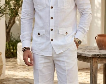 Herrset med vit linneskjorta och shorts, safari-utility-outfit, resortkläder