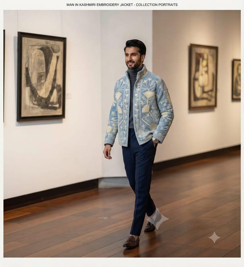 May include: A light blue jacket featuring intricate cream-colored Kashmiri embroidery, worn over a grey turtleneck sweater and dark blue trousers. The text at the top reads MAN IN KASHMIRI EMBROIDERY JACKET - COLLECTION PORTRAITS.