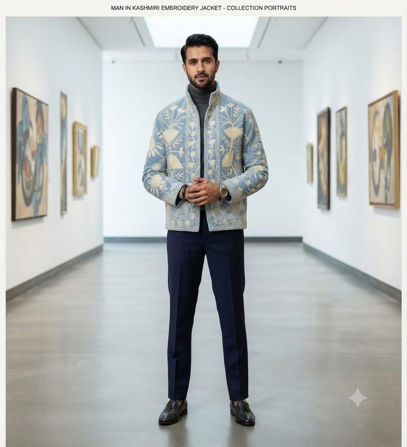 May include: A light blue jacket featuring intricate cream-colored Kashmiri embroidery, a high collar, and a front zipper closure. The garment is worn over a grey turtleneck sweater, paired with dark navy trousers and dark brown leather loafers.