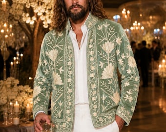 Salviagrön broderad jacka för män, blommig indisk bröllopsoutfit för brudgummen