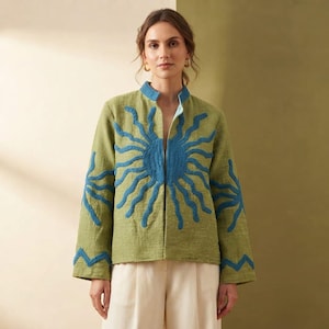Women's Green Linen Cotton Embroidered Jacket | Handmade Sun Motif Boho Coat