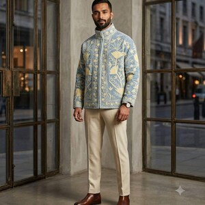 May include: A light blue quilted jacket featuring a high collar, a full-length front zipper, and cream-colored floral embroidery. The jacket is paired with cream-colored trousers and brown leather boots, creating a coordinated ensemble.