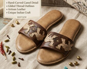 Rajasthani handgjorda kamelmotiv platta sandaler för kvinnor | Etnisk konstläder slip-on Chappals