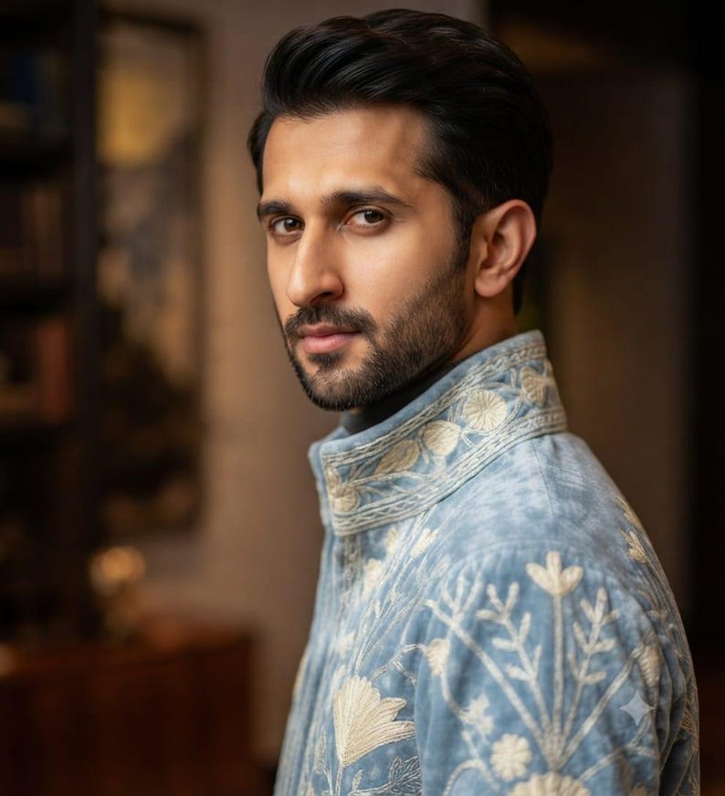 May include: A light blue jacket featuring intricate cream-colored floral embroidery on the high collar and shoulders. The garment is crafted from a soft, textured fabric and displays detailed botanical patterns across the chest and sleeve area.