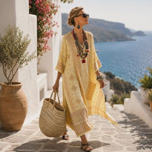 May include: A light yellow kaftan dress featuring a repeating geometric pattern in muted orange tones, worn with a layered beaded necklace, dark sunglasses, and a large woven straw tote bag, paired with simple black sandals on a stone path.