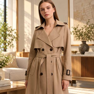May include: A beige double-breasted trench coat featuring a wide notched collar, a belted waist with a matching fabric tie, shoulder epaulets, and adjustable buckled straps on the long sleeves. The coat has dark buttons and side pockets.