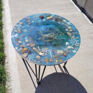 Handmade Resin Ocean Table with Turtle, Shells, and Sand – Unique Coastal Decor
