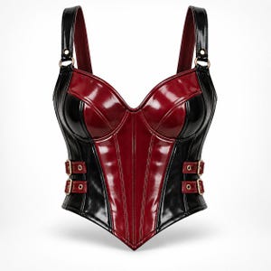 Handgefertigtes, strukturiertes Korsett-Top aus Leder für Damen, schwarz & glänzend rot, hochglänzendes Crop-Top