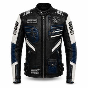 Giacca da motociclista in pelle da uomo, stile Cafe Racer, nera e blu, con dettagli a forma di teschio, capospalla da moto.