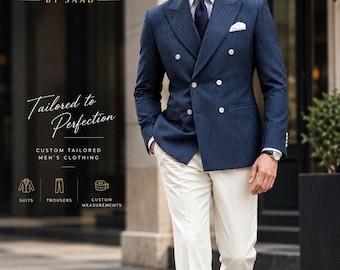 Men's Navy Blue Merino wool Pinstripe Suit with Cream Trousers | Double Breasted Custom Tailored Suit