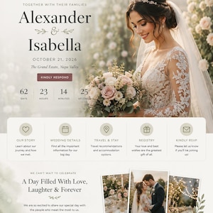 May include: A wedding website template featuring the names Alexander and Isabella, the date October 21, 2026, and location The Grand Estate, Napa Valley. The layout includes a countdown timer, navigation menu, RSVP buttons, and photo galleries.